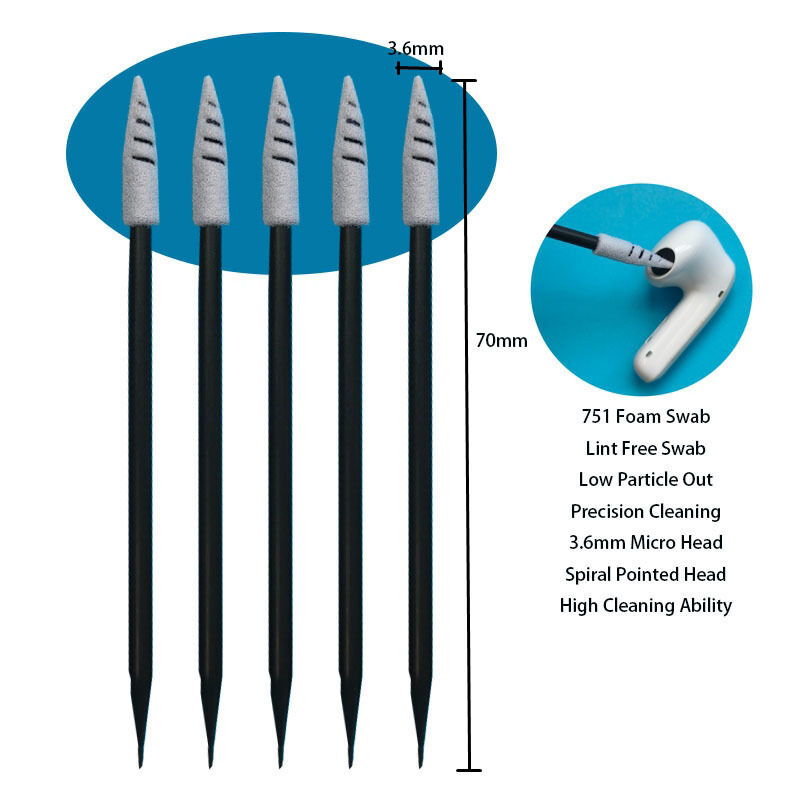 751 Lint Free Black Handle Spirale Pointed Car Cleaning Dettagliato Swab Spuma Tip Cleanroom Swab per la pulizia di cuffie