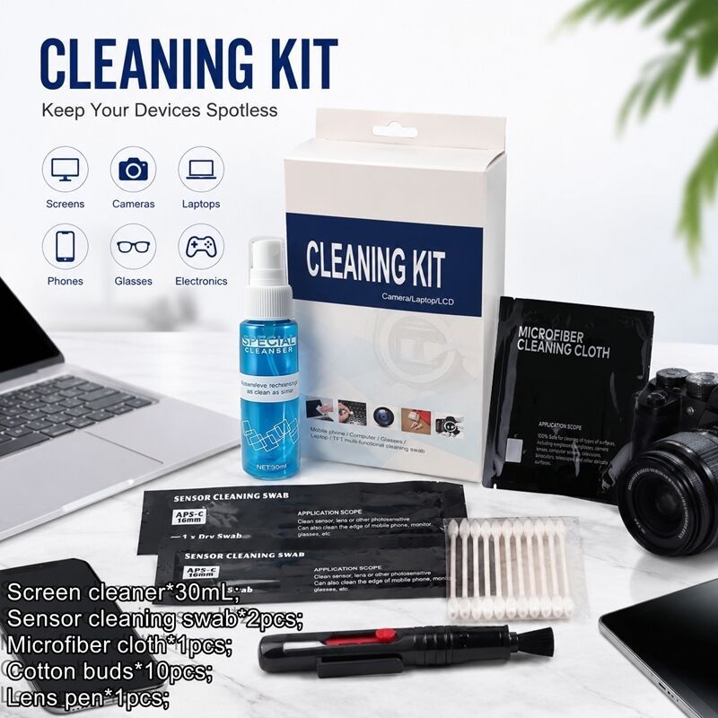 Kit di pulizia professionale 5 in 1 per lenti e sensori            Alta capacità di pulizia con micro tamponi, panni, liquidi e tamponi per sensori